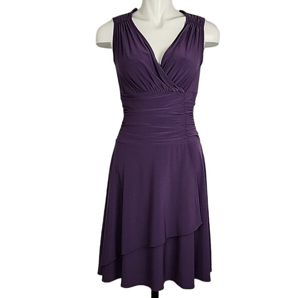 Cleo Petite Formal V Neck Sleeveless Dress Purple Ruched Waist Drapy Size 8 - Picture 1 of 13